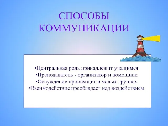 СПОСОБЫ КОММУНИКАЦИИ Центральная роль принадлежит учащимся Преподаватель - организатор и