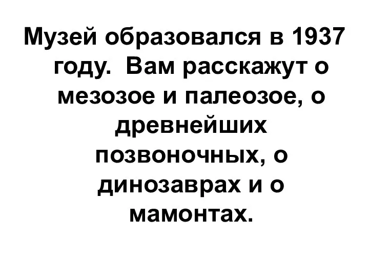 Музей образовался в 1937 году. Вам расскажут о мезозое и палеозое, о древнейших