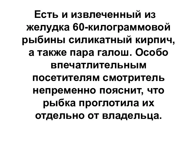 Есть и извлеченный из желудка 60-килограммовой рыбины силикатный кирпич, а также пара галош.