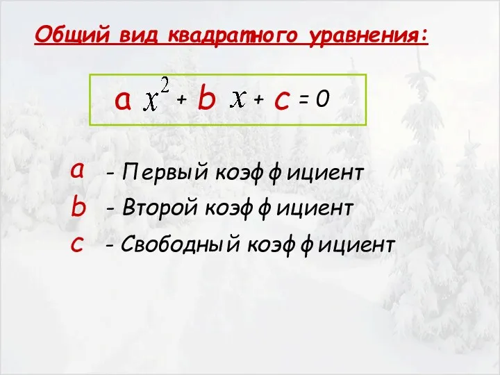 Общий вид квадратного уравнения: а - Первый коэффициент b - Второй коэффициент c - Свободный коэффициент