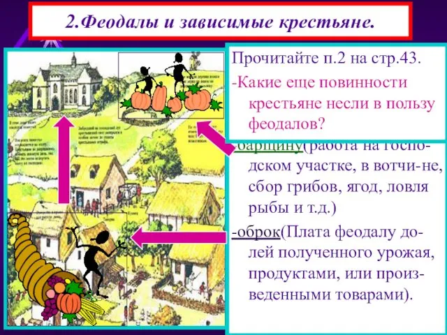 2.Феодалы и зависимые крестьяне. За пользование принадле-жавшей феодалу землей, крестьяне