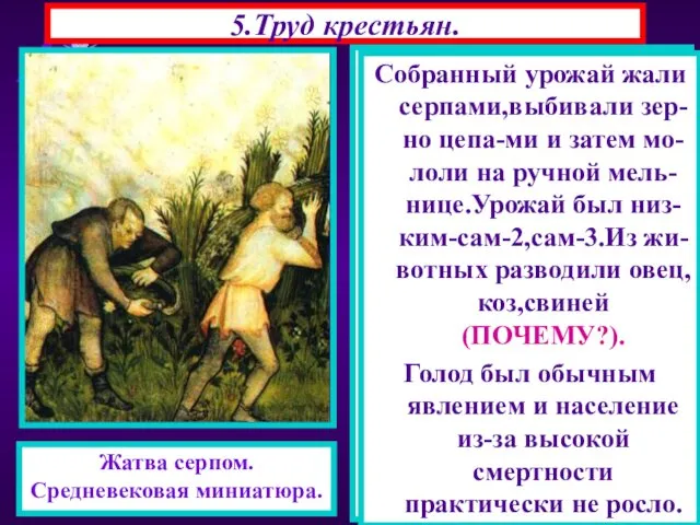 5.Труд крестьян. Основным занятием крестьян была работа на земле. Труд