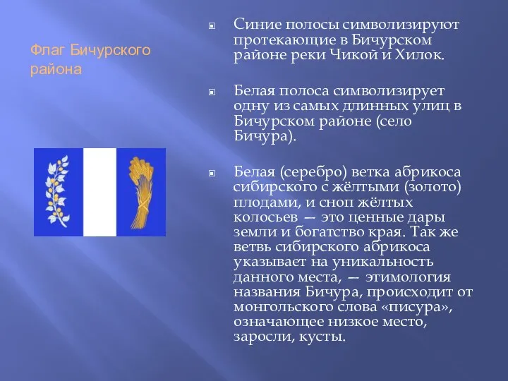 Флаг Бичурского района Синие полосы символизируют протекающие в Бичурском районе