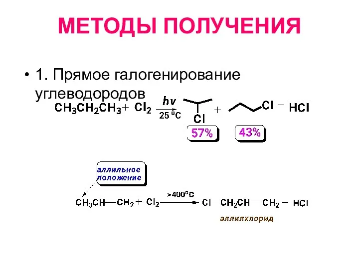 МЕТОДЫ ПОЛУЧЕНИЯ 1. Прямое галогенирование углеводородов