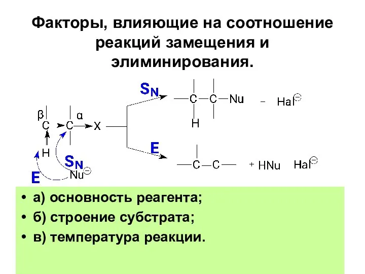 Факторы, влияющие на соотношение реакций замещения и элиминирования. а) основность