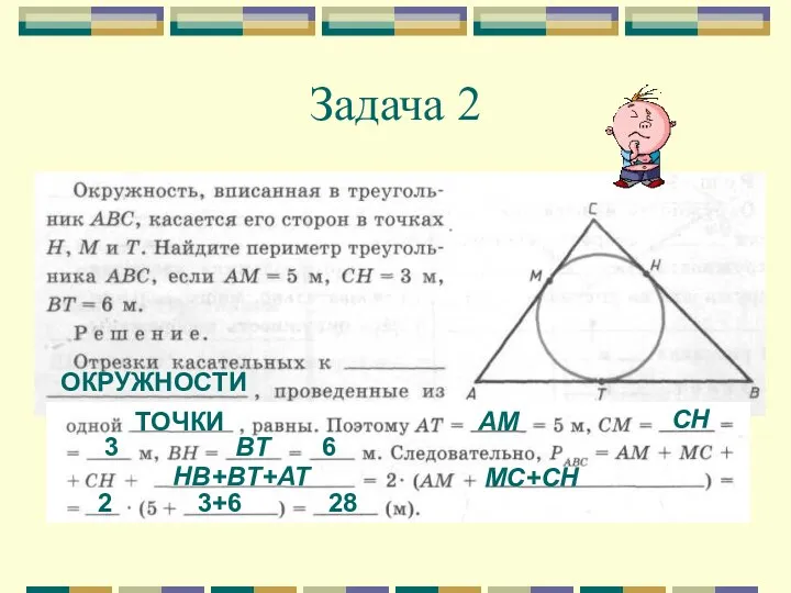 Задача 2 ОКРУЖНОСТИ ТОЧКИ СH АМ HB+BT+AT BT 3 6 MC+СH 2 3+6 28