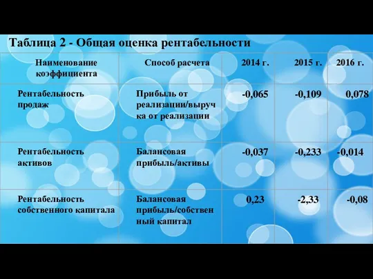 Таблица 2 - Общая оценка рентабельности