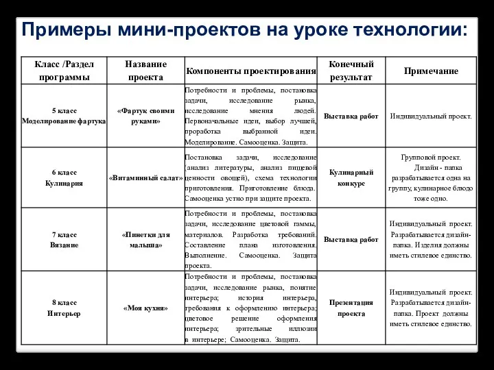 Примеры мини-проектов на уроке технологии: