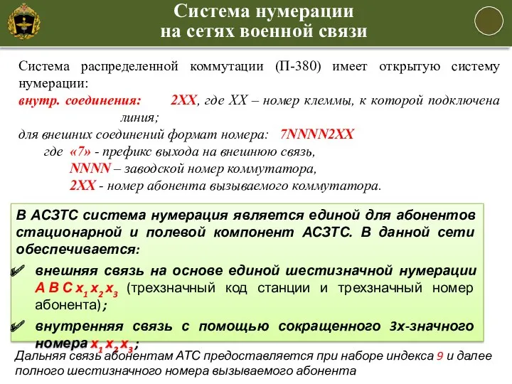 Система нумерации на сетях военной связи В АСЗТС система нумерация