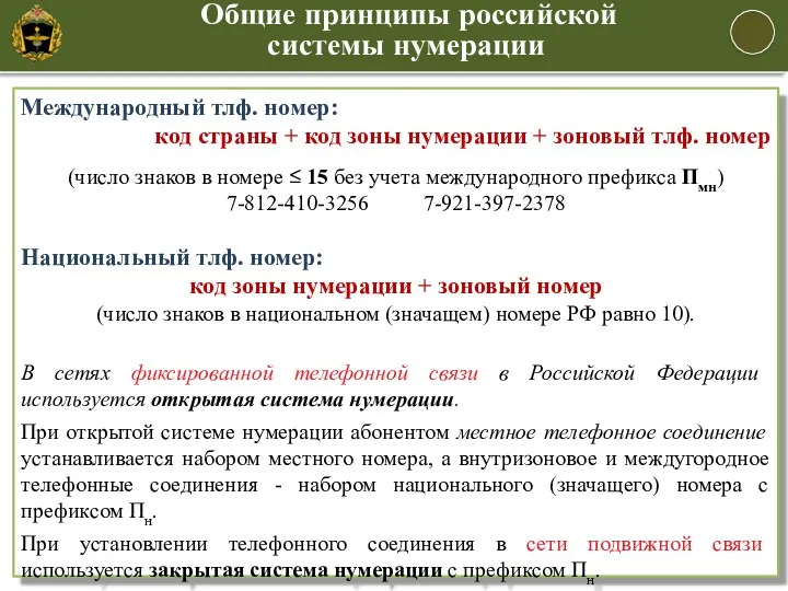 Общие принципы российской системы нумерации Код страны (Кс) - от 1 до 3