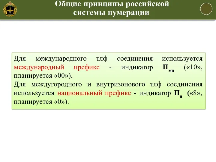 Общие принципы российской системы нумерации Для международного тлф соединения используется