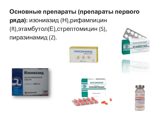 Основные препараты (препараты первого ряда): изониазид (Н),рифампицин (R),этамбутол(Е),стрептомицин (S), пиразинамид (Z).
