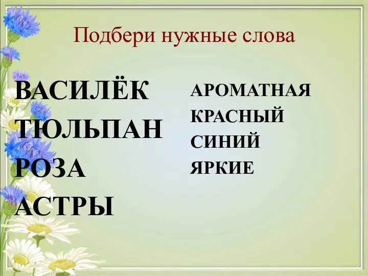 Подбери нужные слова ВАСИЛЁК ТЮЛЬПАН РОЗА АСТРЫ АРОМАТНАЯ КРАСНЫЙ СИНИЙ ЯРКИЕ