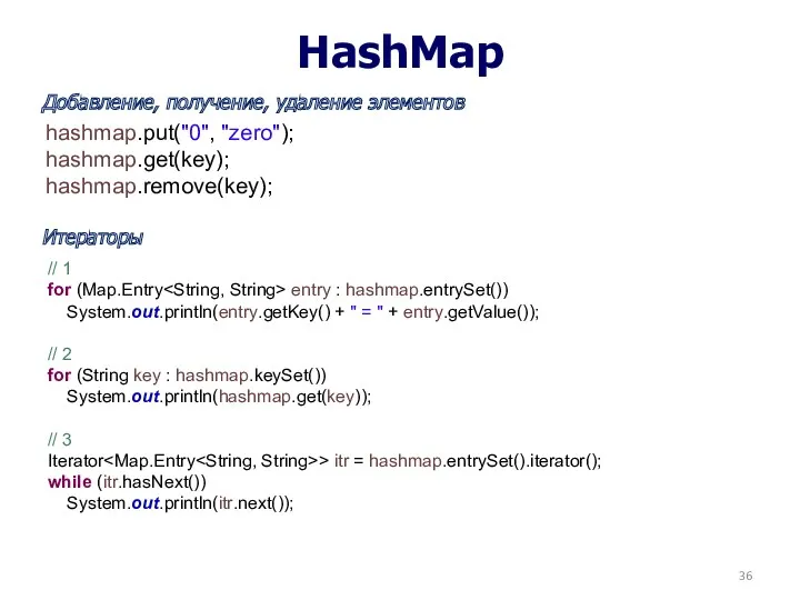 HashMap Добавление, получение, удаление элементов Итераторы hashmap.put("0", "zero"); hashmap.get(key); hashmap.remove(key);