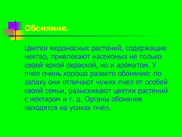 Обоняние. Цветки медоносных растений, содержащие нектар, привлекают насекомых не только