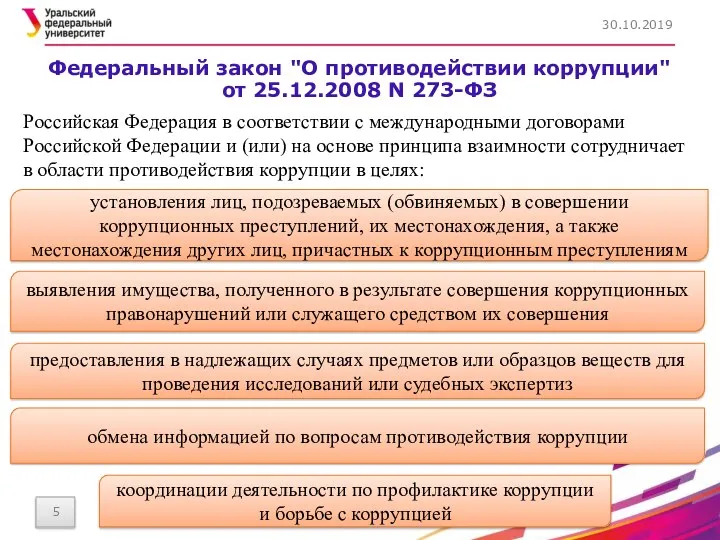 Федеральный закон "О противодействии коррупции" от 25.12.2008 N 273-ФЗ 30.10.2019 Российская Федерация в