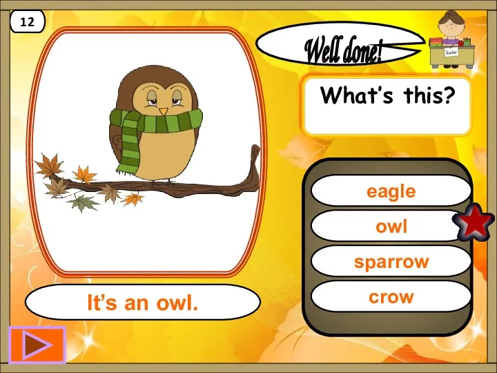 owl Well done! It’s an owl. 12 eagle sparrow crow What’s this?
