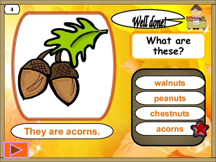 acorns Well done! They are acorns. 4 peanuts chestnuts walnuts What are these?