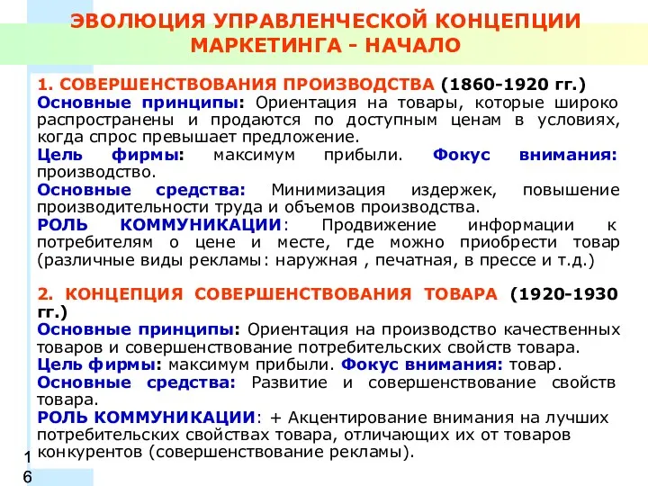 ЭВОЛЮЦИЯ УПРАВЛЕНЧЕСКОЙ КОНЦЕПЦИИ МАРКЕТИНГА - НАЧАЛО 1. СОВЕРШЕНСТВОВАНИЯ ПРОИЗВОДСТВА (1860-1920