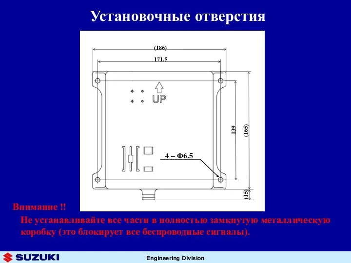 Установочные отверстия Внимание !! Не устанавливайте все части в полностью