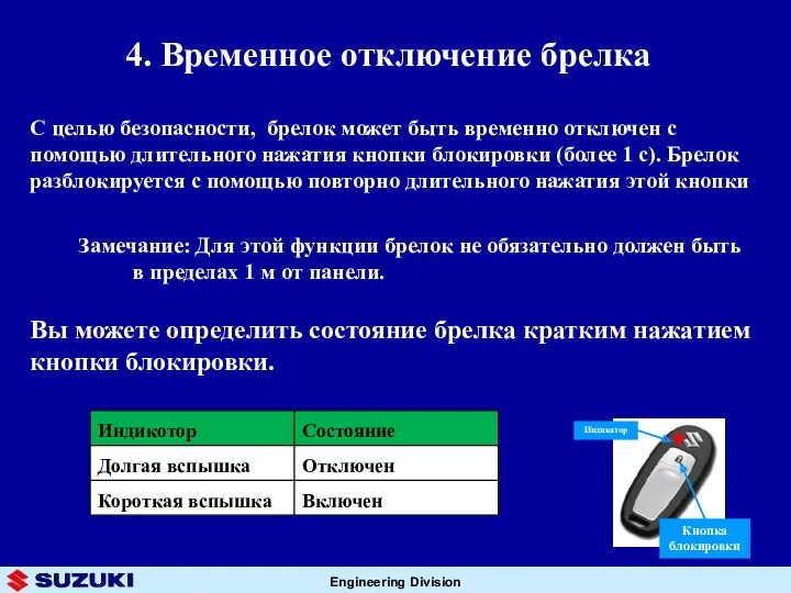 4. Временное отключение брелка С целью безопасности, брелок может быть