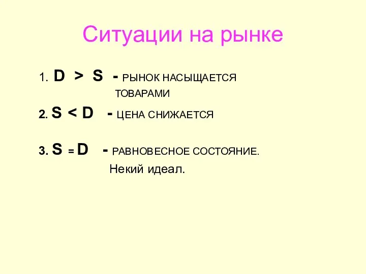 Ситуации на рынке 1. D > S - РЫНОК НАСЫЩАЕТСЯ