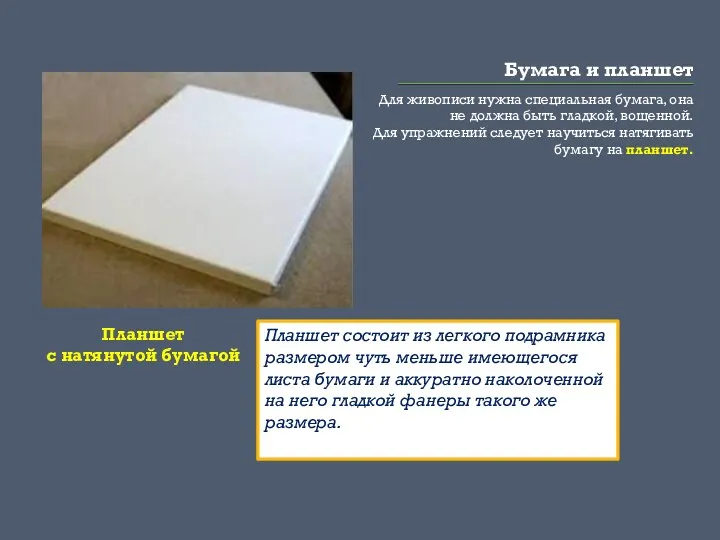 Бумага и планшет Для живописи нужна специальная бумага, она не должна быть гладкой,