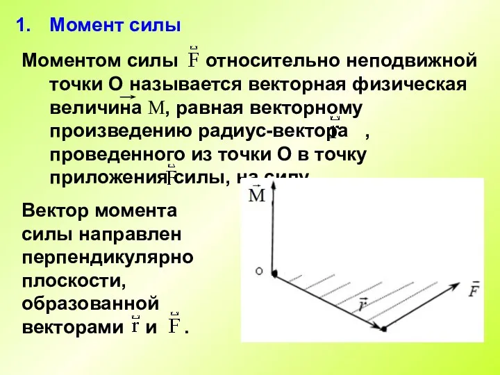 Момент силы Моментом силы относительно неподвижной точки О называется векторная