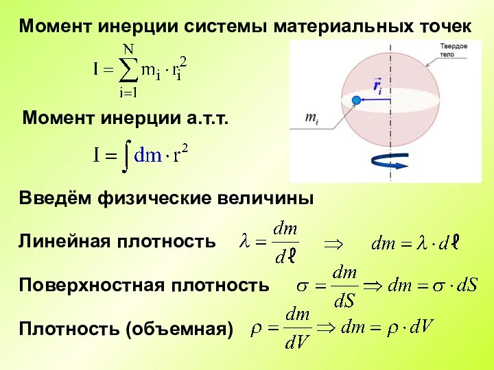 Момент инерции системы материальных точек Момент инерции а.т.т.