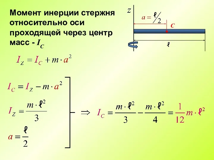 Момент инерции стержня относительно оси проходящей через центр масс - IC