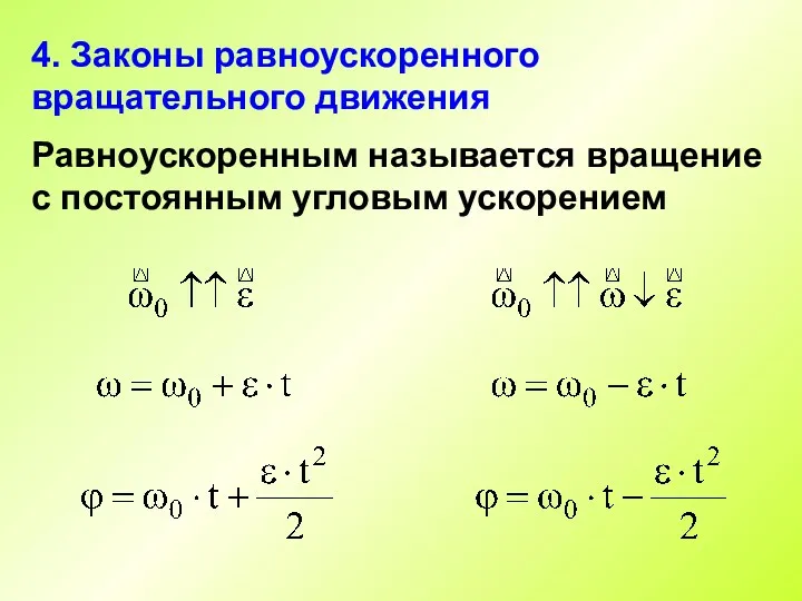 4. Законы равноускоренного вращательного движения Равноускоренным называется вращение с постоянным угловым ускорением