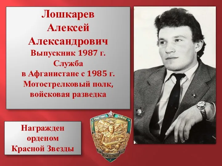 Лошкарев Алексей Александрович Выпускник 1987 г. Служба в Афганистане с