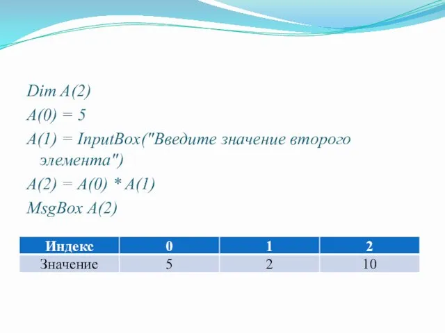 Dim A(2) A(0) = 5 A(1) = InputBox("Введите значение второго