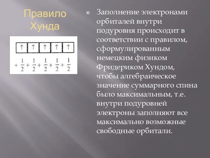 Правило Хунда Заполнение электронами орбиталей внутри подуровня происходит в соответствии