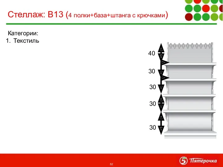 Категории: Текстиль Стеллаж: В13 (4 полки+база+штанга с крючками) 30 30 30 30 40