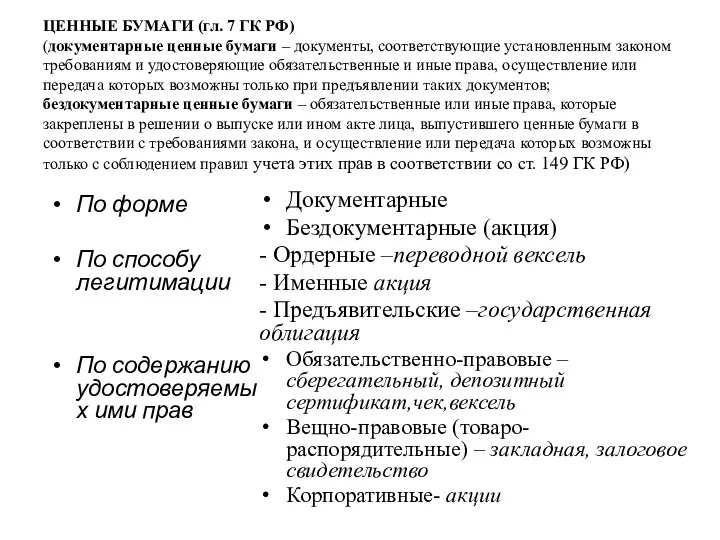 ЦЕННЫЕ БУМАГИ (гл. 7 ГК РФ) (документарные ценные бумаги – документы, соответствующие установленным