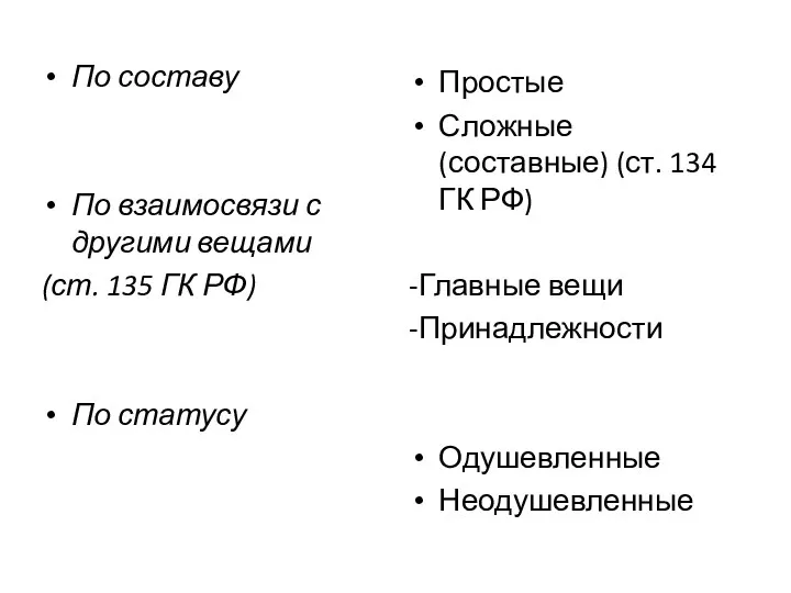 По составу По взаимосвязи с другими вещами (ст. 135 ГК РФ) По статусу