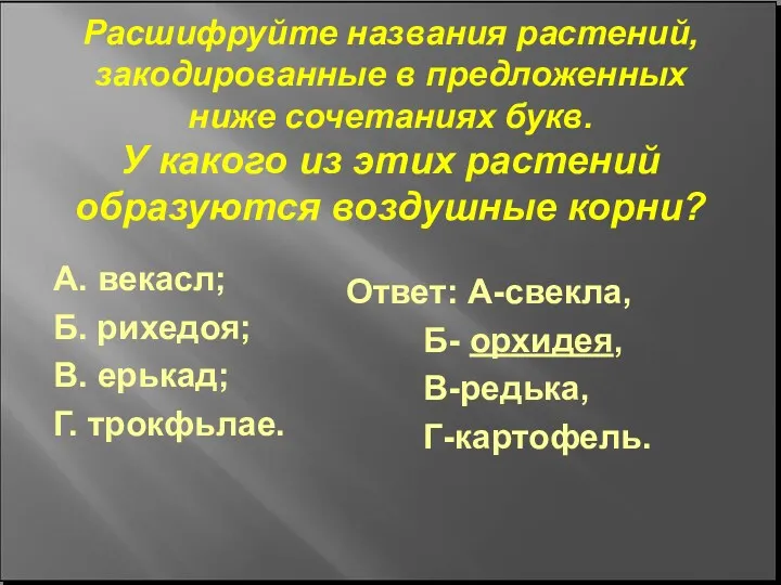 Расшифруйте названия растений, закодированные в предложенных ниже сочетаниях букв. У