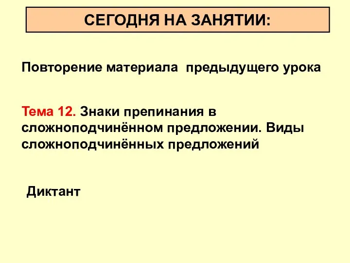 СЕГОДНЯ НА ЗАНЯТИИ: Тема 12. Знаки препинания в сложноподчинённом предложении.