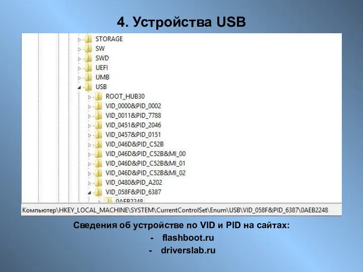 4. Устройства USB Сведения об устройстве по VID и PID на сайтах: flashboot.ru driverslab.ru