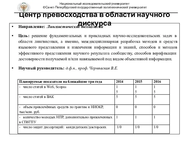 Центр превосходства в области научного дискурса Направление: Лингвистические технологии Цель: