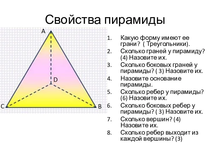 Свойства пирамиды Какую форму имеют ее грани? ( Треугольники). Сколько