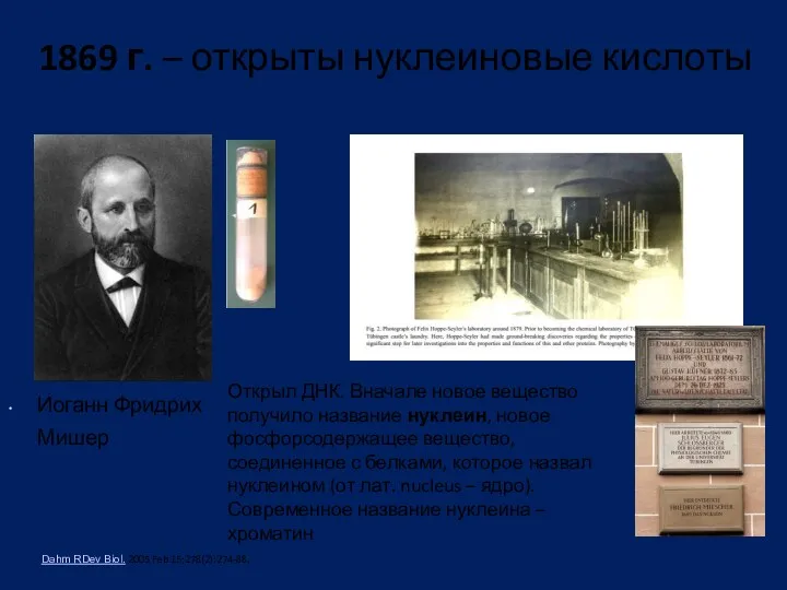 1869 г. – открыты нуклеиновые кислоты Иоганн Фридрих Мишер Открыл