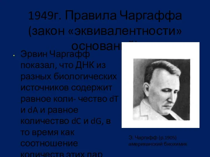 1949г. Правила Чаргаффа (закон «эквивалентности» оснований) Эрвин Чаргафф показал, что