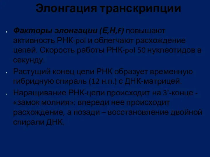 Факторы элонгации (Е,Н,F) повышают активность РНК-pol и облегчают расхождение цепей.