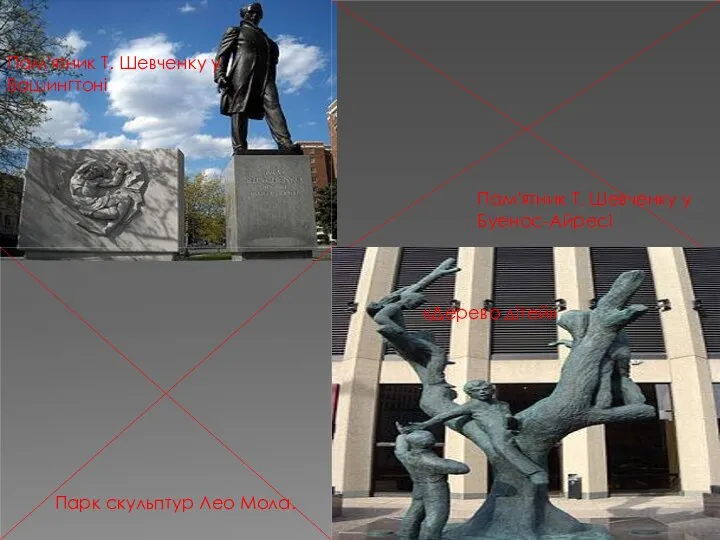 Пам'ятник Т. Шевченку у Вашингтоні Пам'ятник Т. Шевченку у Буенос-Айресі Парк скульптур Лео Мола. «Дерево дітей»