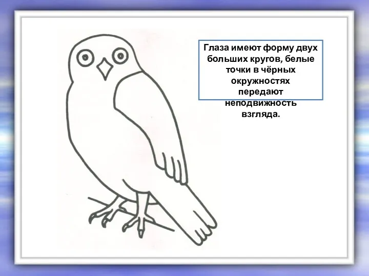 Глаза имеют форму двух больших кругов, белые точки в чёрных окружностях передают неподвижность взгляда.