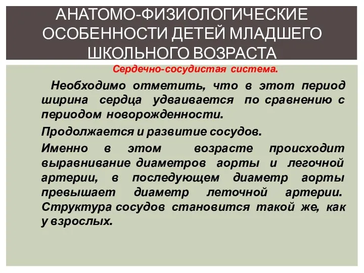 Сердечно-сосудистая система. Необходимо отметить, что в этот период ширина сердца