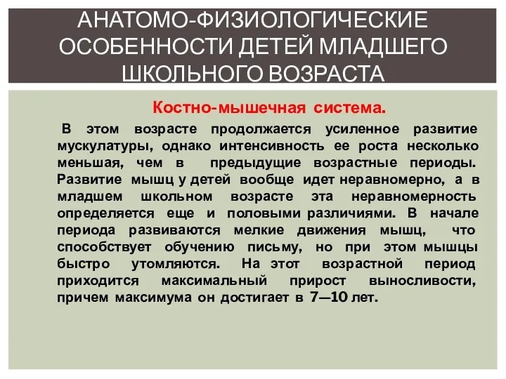 Костно-мышечная система. В этом возрасте продолжается усиленное развитие мускулатуры, однако