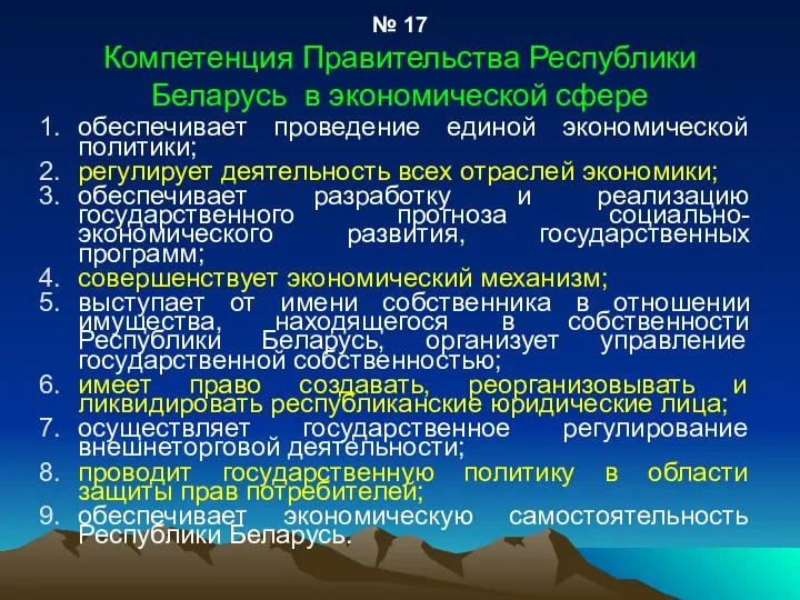 № 17 Компетенция Правительства Республики Беларусь в экономической сфере обеспечивает
